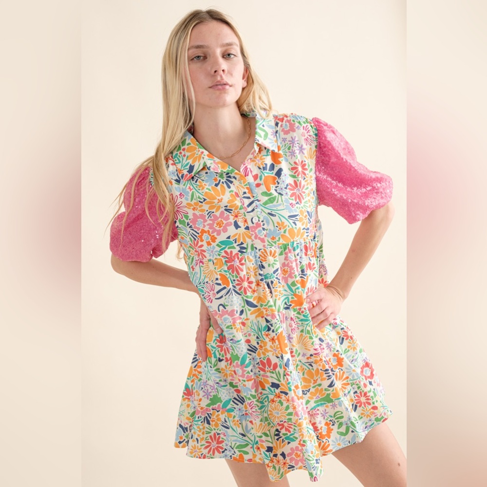 081 • ON SALE!...Floral Button-Front Baby Doll Cotton Dress Pink Puff Sequined - Picture 9 of 12